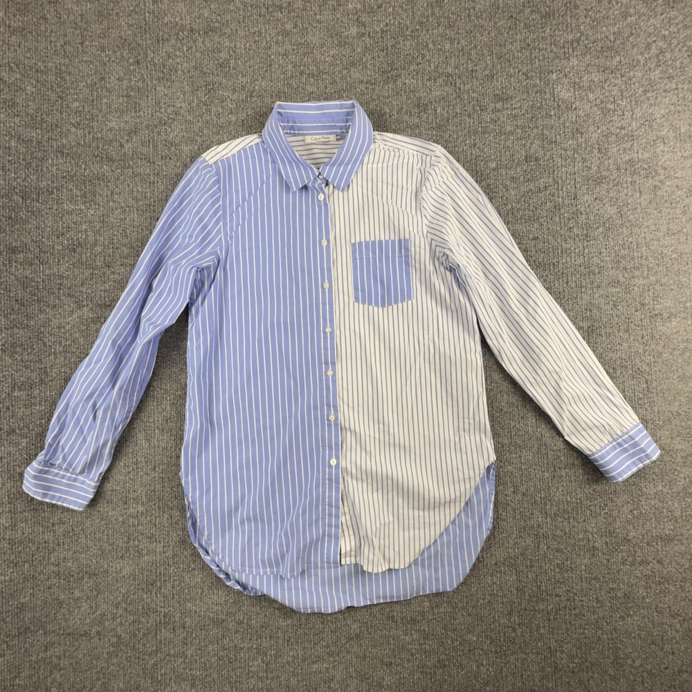 Calvin Klein Womens Small Blue Stripe Long Sleeve Stretch Dress Shirt M8TAW580